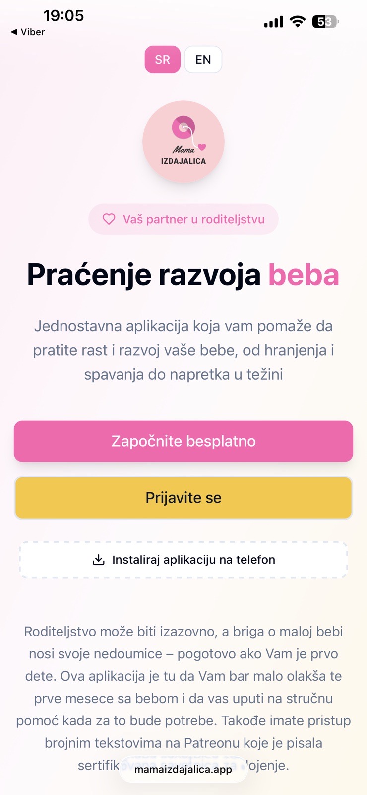 Mama Izdajalica aplikacija — ekran
