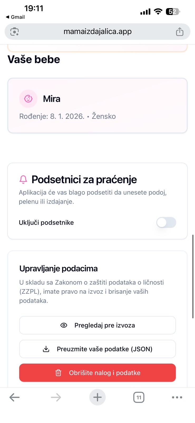 Mama Izdajalica aplikacija — ekran